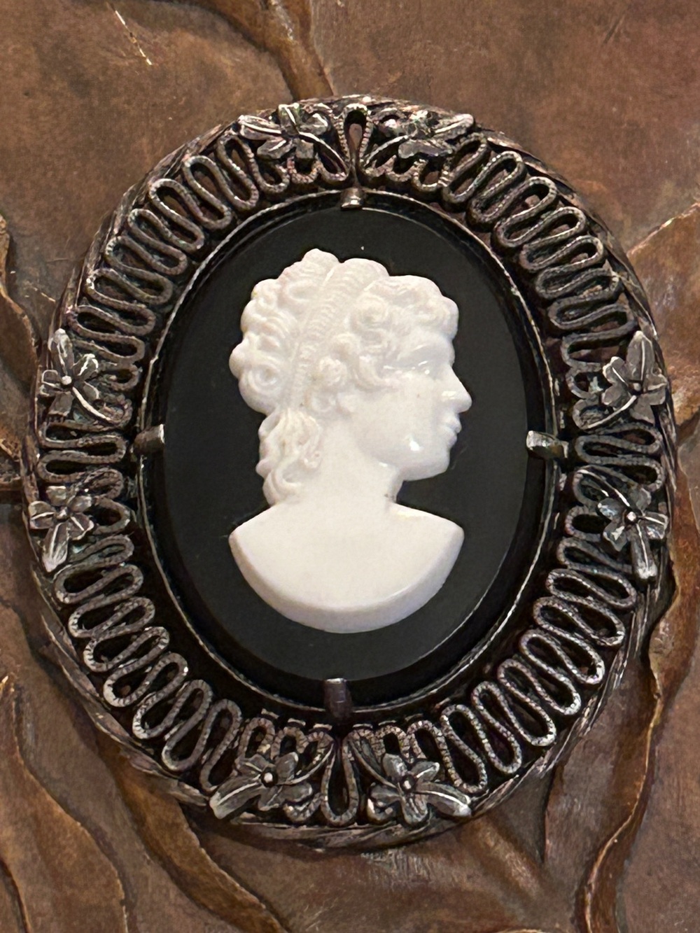 Antique Victorian Lady Brooch Cameo PTC Platinum Coated Filigree Mourning